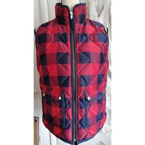 J.Crew Women’s S Quilted Down & Feather Vest Red Navy Plaid Preppy Classic